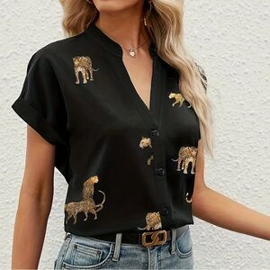 NEW jaguar black button down short sleeve blouse size XL blogger trending